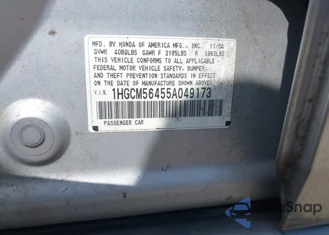 2005 Honda Accord 2.4 Lx z USA, uszkodzony, nr VIN 1HGCM56455A049173